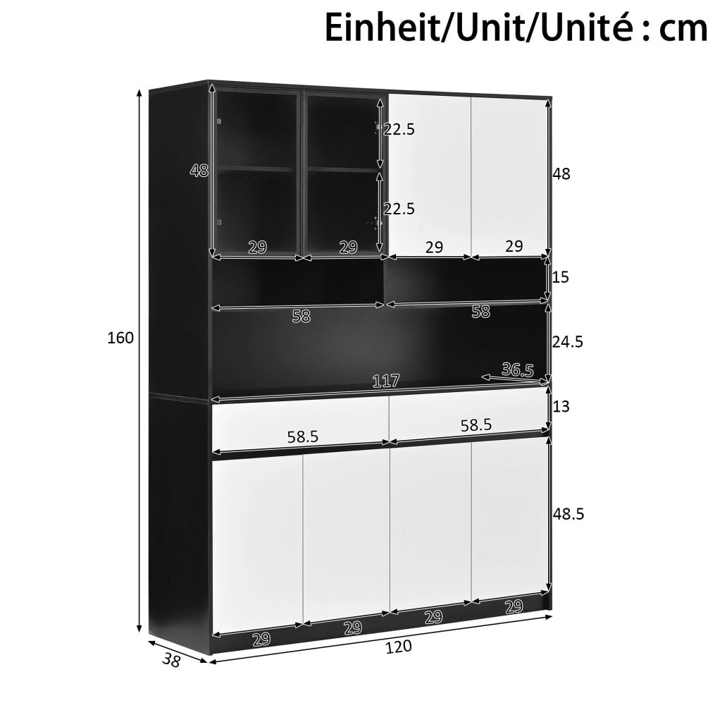 Credenza alta in MDF nero e bianco con LED, 120x38x160 cm