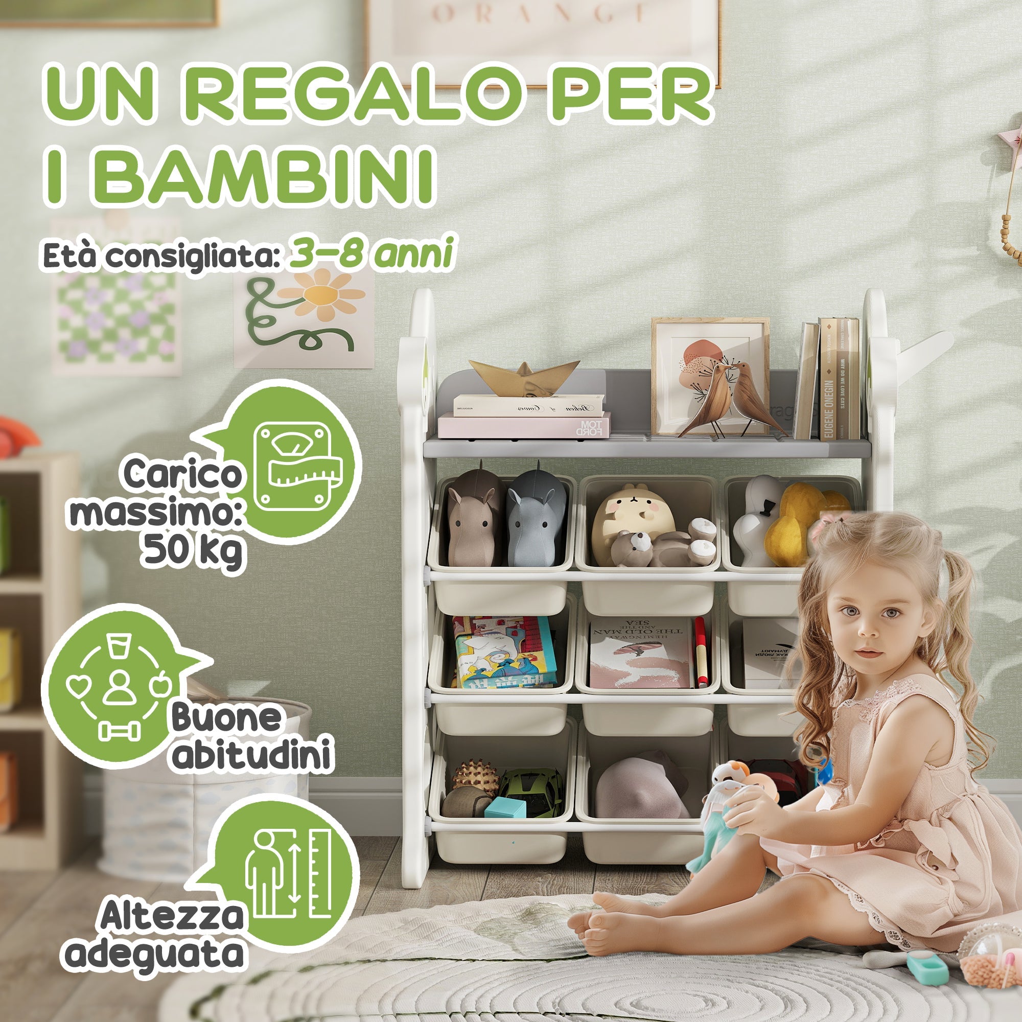 Scaffale Portagiochi a 4 Livelli con 9 Contenitori 77x42x94 cm in HDPE Bianco Crema