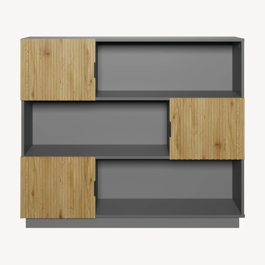 Libreria Bassa Verhundar Scaffale a 3 Livelli con Vani Aperti e Chiusi con Ante 102x120x30 cm Grigio / color Legno [en.casa]
