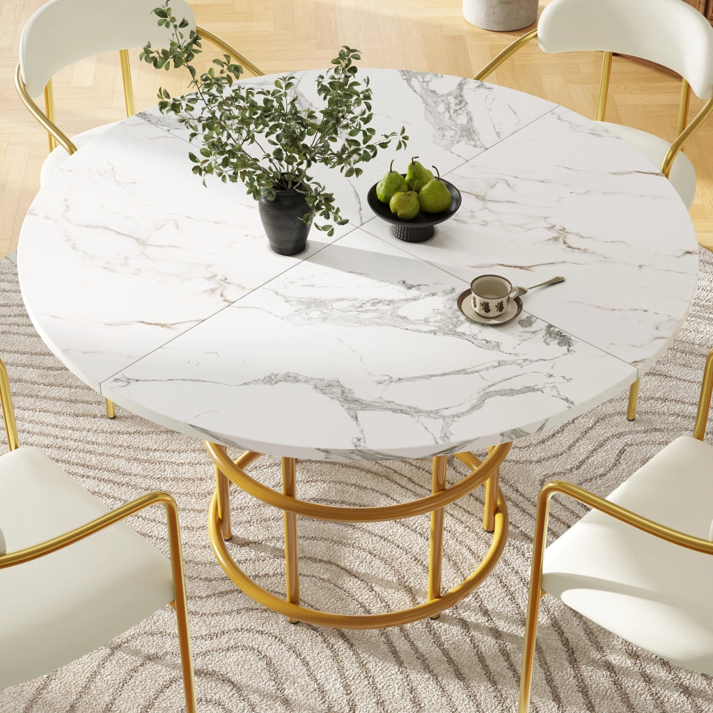 Tavolo da Pranzo Rotondo ¨C MINIMAL ¨C Piano in MDF Effetto Marmo, Gambe in Metallo Dorato, 100x100x76