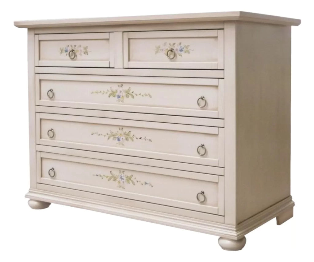 Cassettiera classica 5 cassetti legno shabby avorio patinato 122x55x90 - Mobili 2G