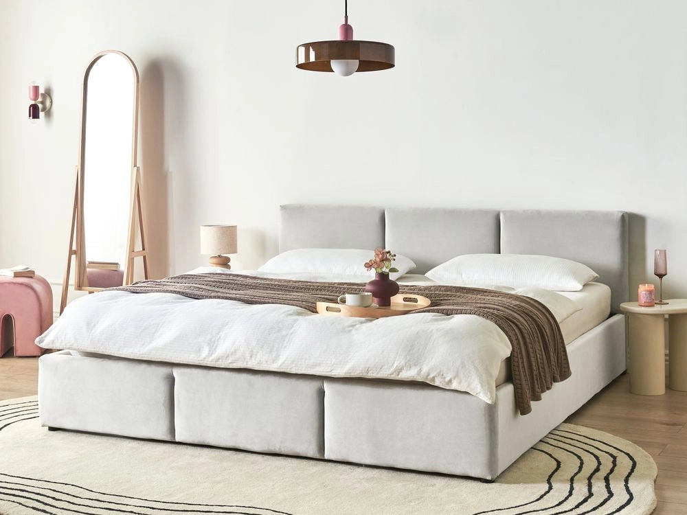 Letto Ottomano Grigio Chiaro Velluto Tappezzato 180 x 200 cm Testiera Travestita Funzione Contenitore