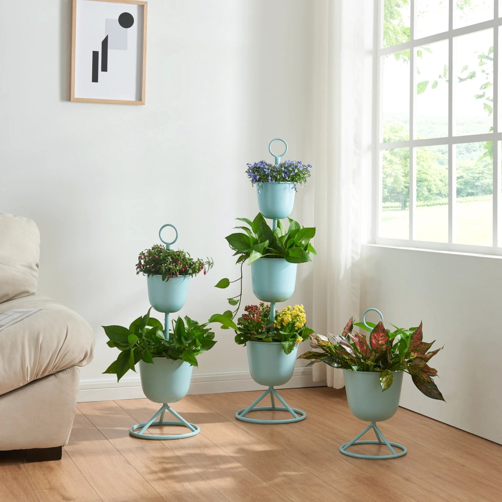 Stand Portapiante Alphen con 3 Vasi - Azzurro [en.casa]