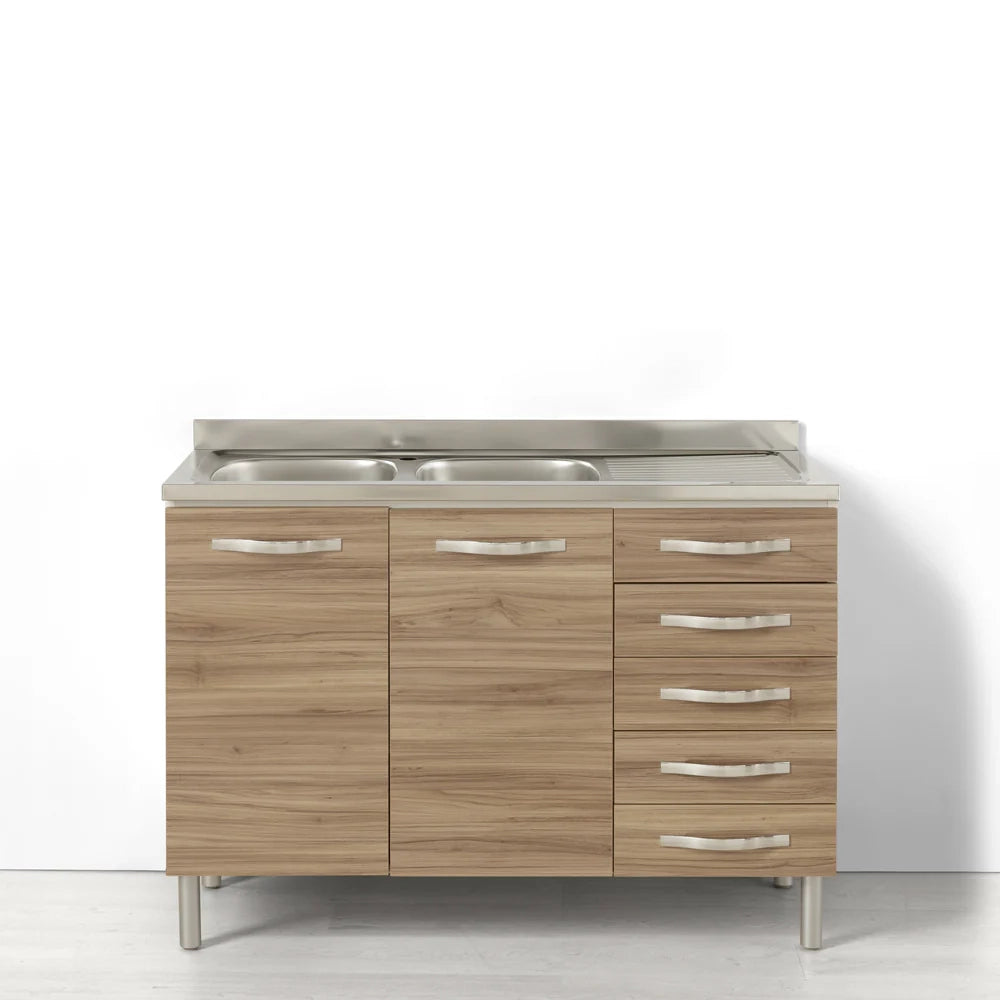 Sotto lavello + Lavello Vs SX per cucina componibile da 120 cm con due ante e 4 cassetti (+1 estetico) linea MAKA, realizzata in legno 100% MADE IN ITALY, colore Noce