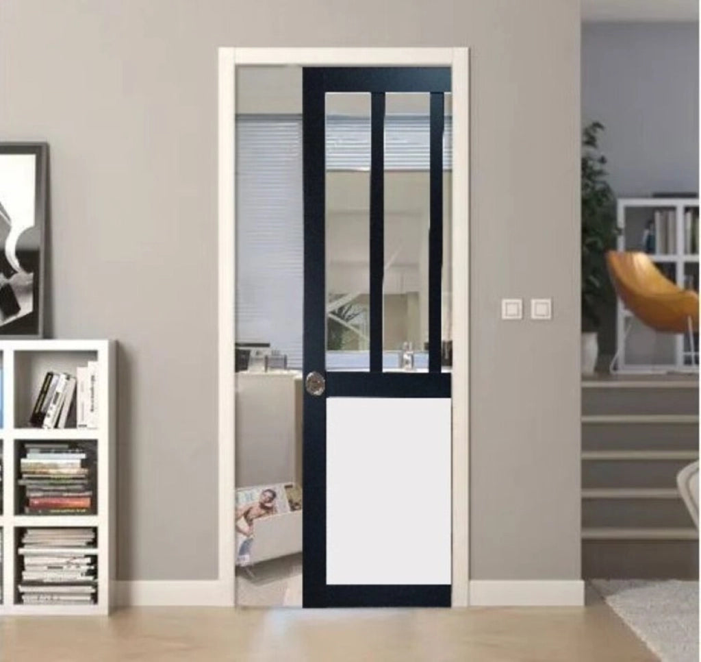 Porta Scorrevole Workshop Nera e pannelli Vitree bianchi H204 x L83 + Sistema Pocket e kit di finitura inclusi