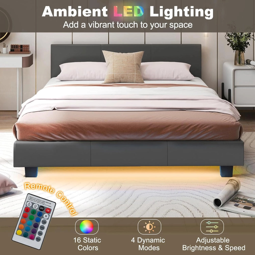 Letto imbottito 140 x 200 cm, struttura letto con illuminazione LED regolabile 16 colori, letto matrimoniale con testiera imbottita e doghe in legno, telaio del letto con rivestimento in