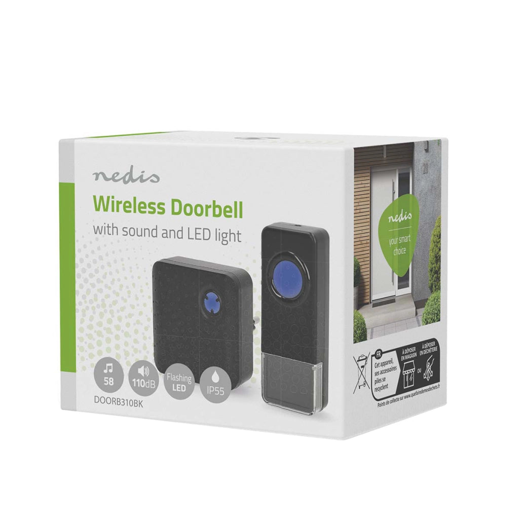 Kit Campanello Senza Fili 110dB Portata 150m IP55 58 Melodie Nero Nedis
