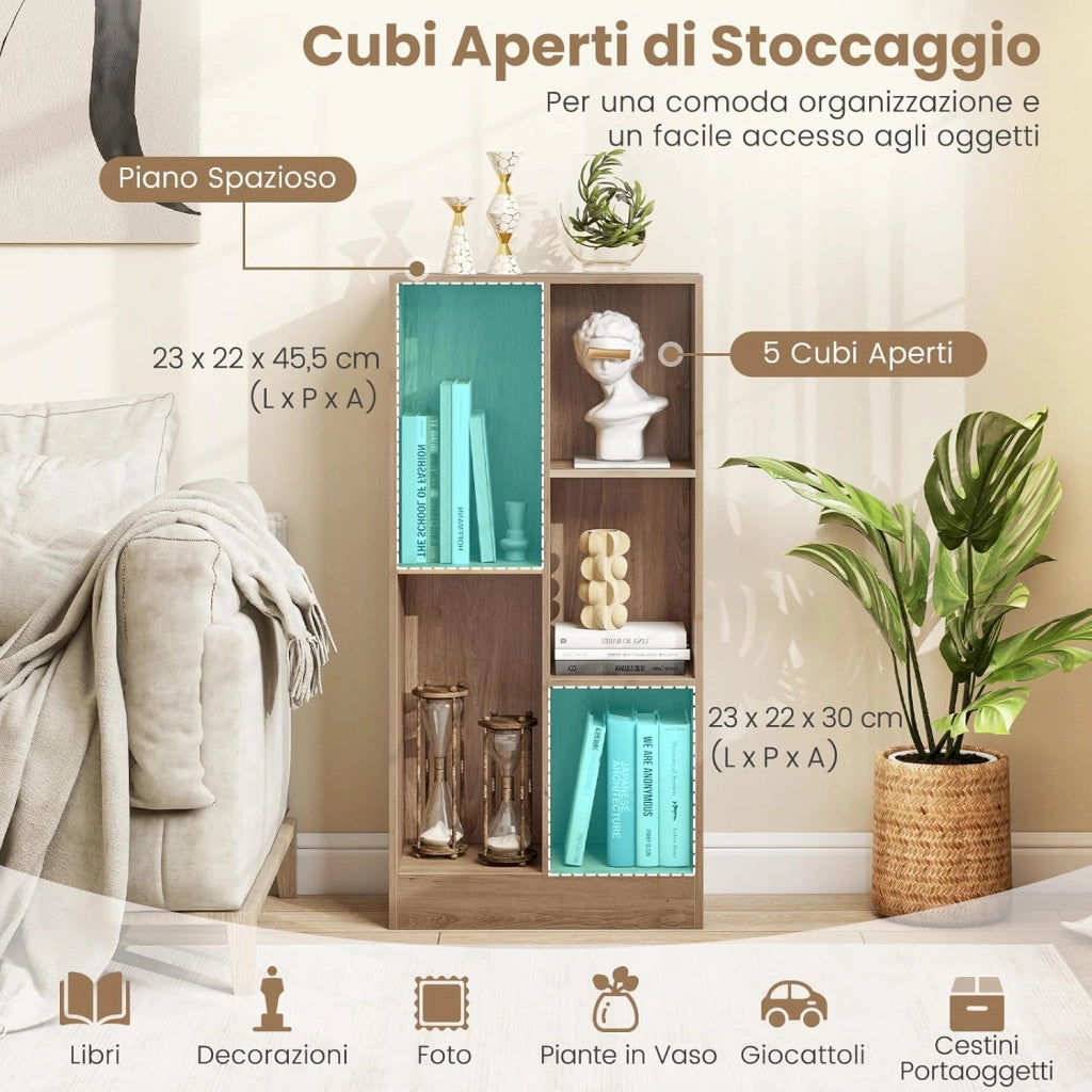 Libreria a 5 Cubi, Organizzatore di Stoccaggio Autoportante a 3 Livelli con 2 Kit Antiribaltamento, Mensola in Legno per Soggiorno Camera da Letto Ufficio, 50x24x104 cm (Naturale)