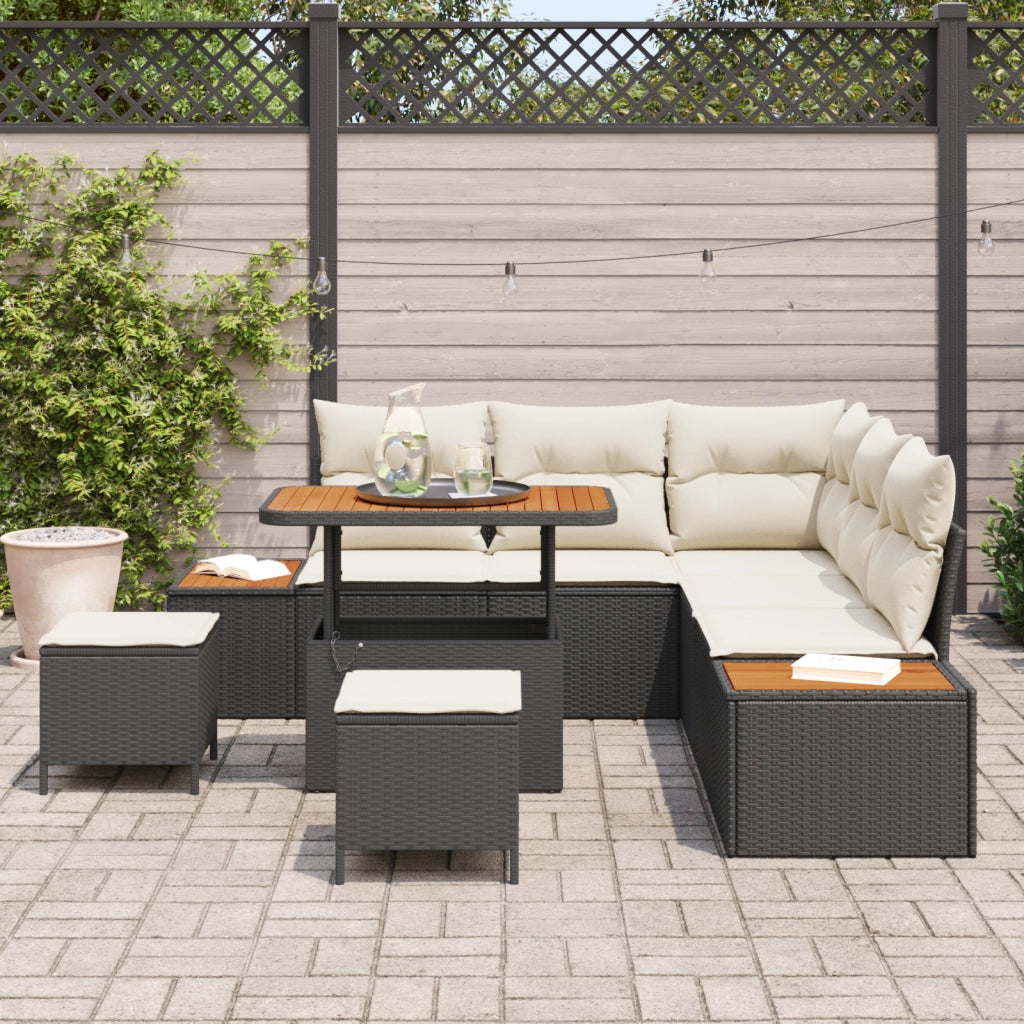 Set di divano da giardino da 8 pezzi con cuscini polyrattan nero acacia