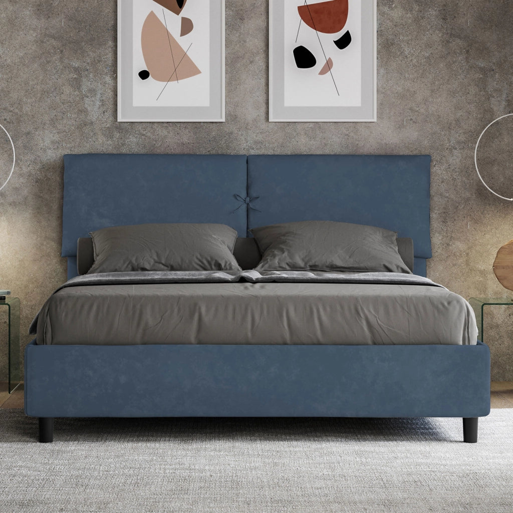 BS COM Letto matrimoniale senza rete imbottito 160x190 microfibra blu