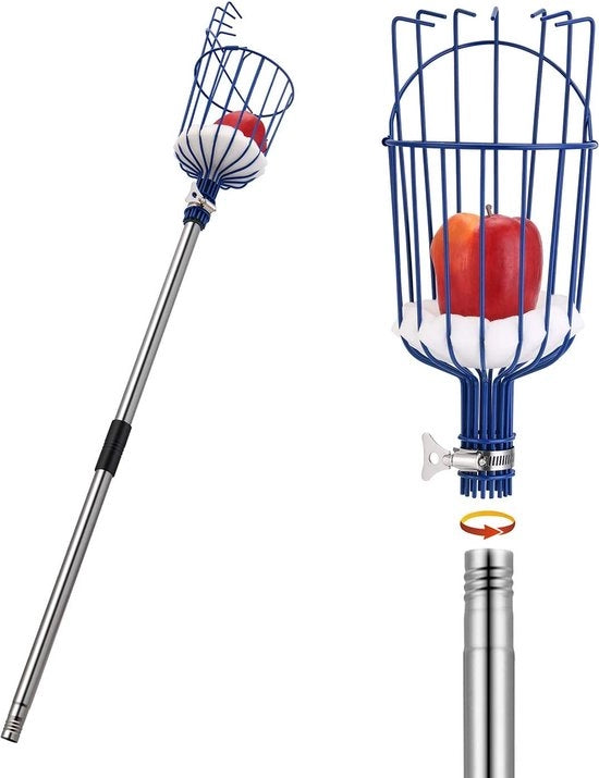 Fruitpick-up con estensione in acciaio inox, 4 metri, piatto per mele con gancio e strato di schiuma, grappolo con cesta per mele, arancione, stabilità luminosa e risparmio di spazio