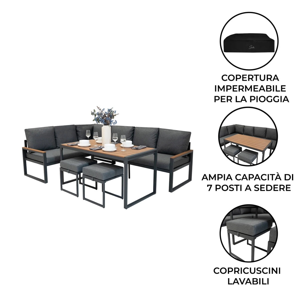 Set Mobili da Esterno in Alluminio Divano Angolare Tavolino Sgabelli Effetto Legno