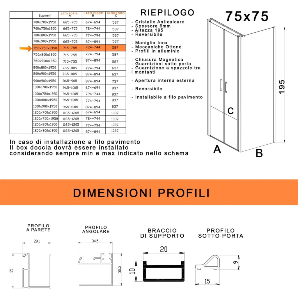 Box doccia due lati con porta saloon h195 6mm anticalcare dobla, misura 75x75