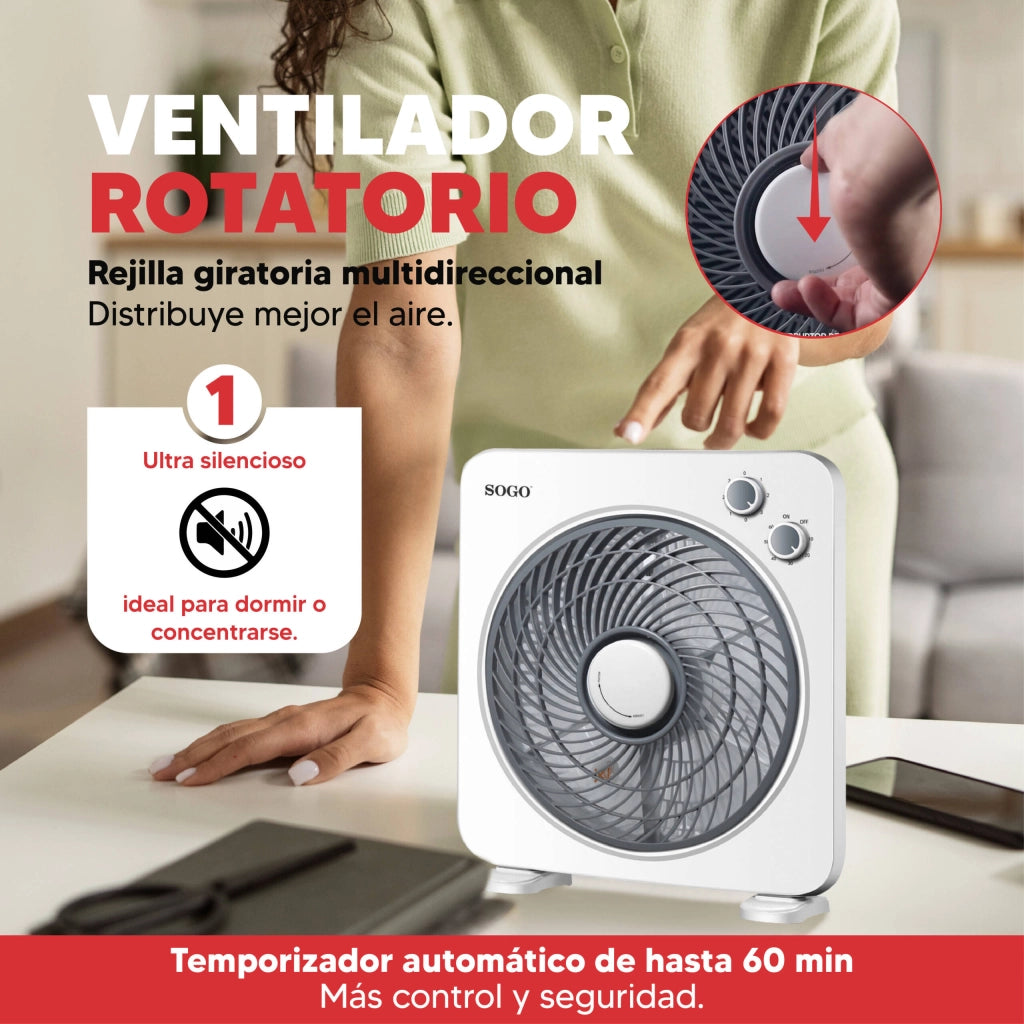 Ventilatore box da tavolo 25cm, 5 pale, 3 velocità, timer 1 ora, griglia orientabile multidirezionale 45W - SOGO