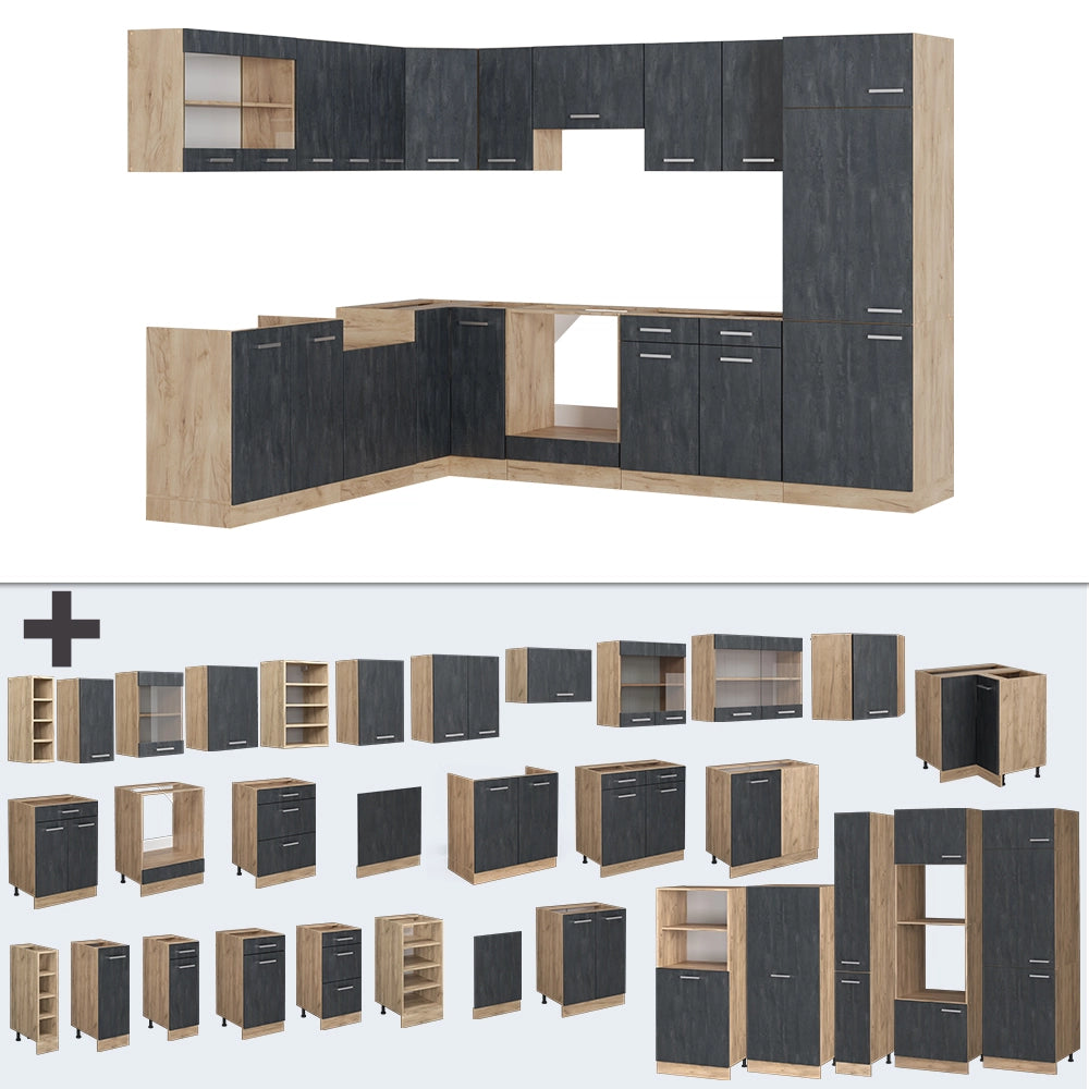 Cucina angolare completa R-Line Calce nera/Rovere dorato 287 x 227 cm PL Rovere Vicco