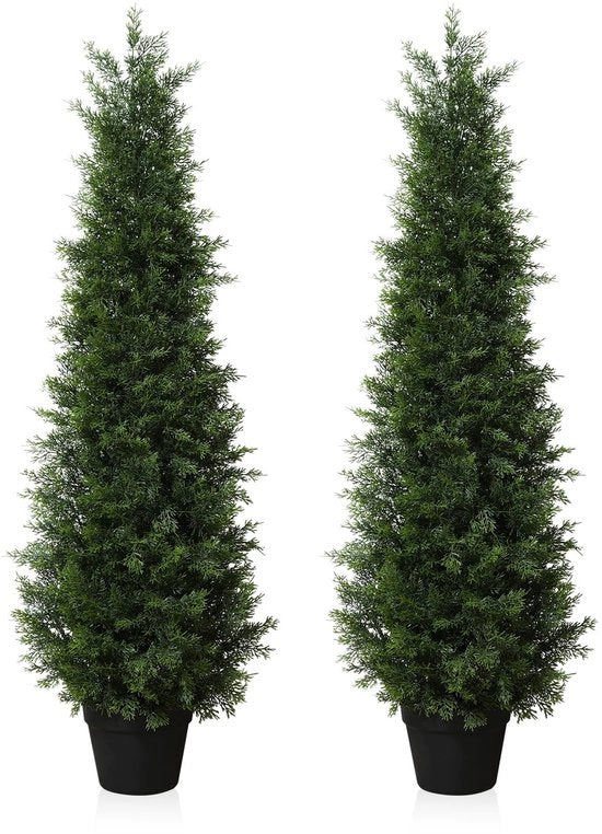 Pianta artificiale di cedro 120 cm in vaso, conifera artificiale all'aperto UV-resistente per casa, soggiorno, giardino, veranda, decorazione (2 pezzi)