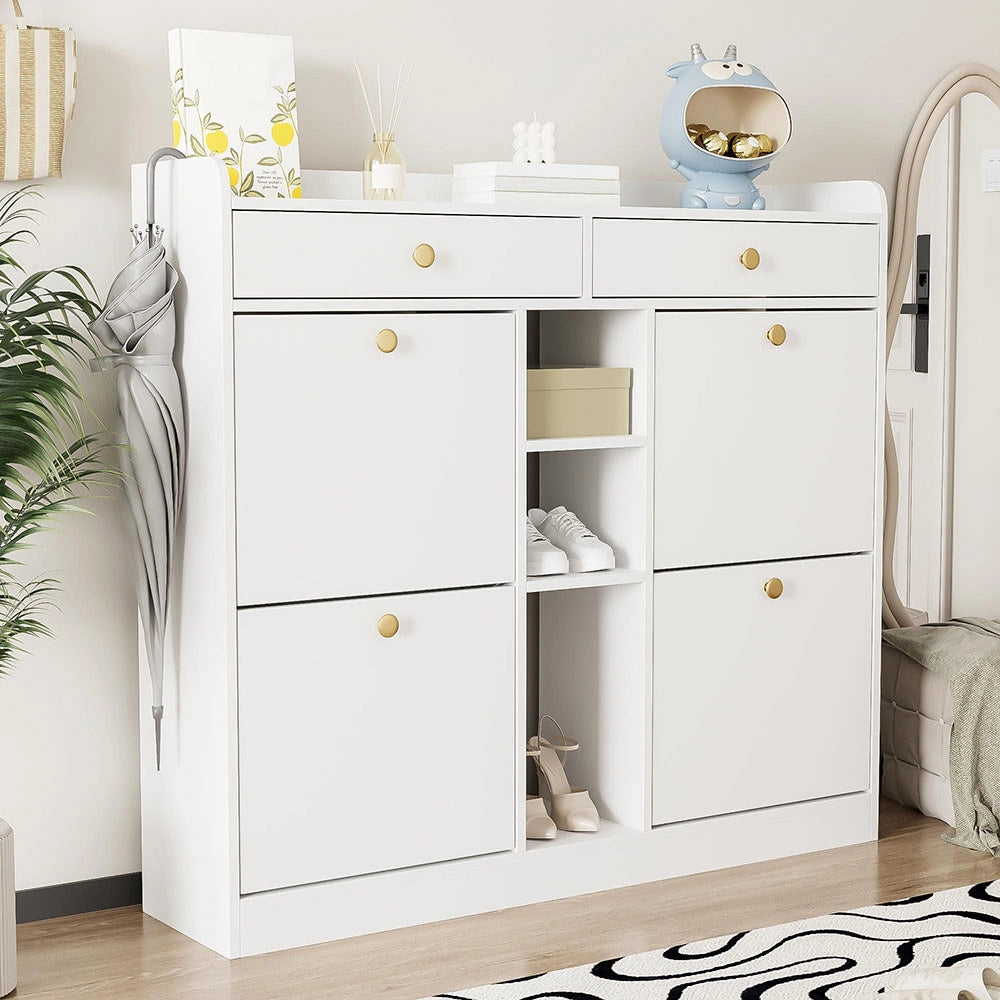 Armadietto per scarpe elegante - Xylo - 110x26x100 cm - Bianco - 4 ante battenti, 2 cassetti, 3 scomparti aperti