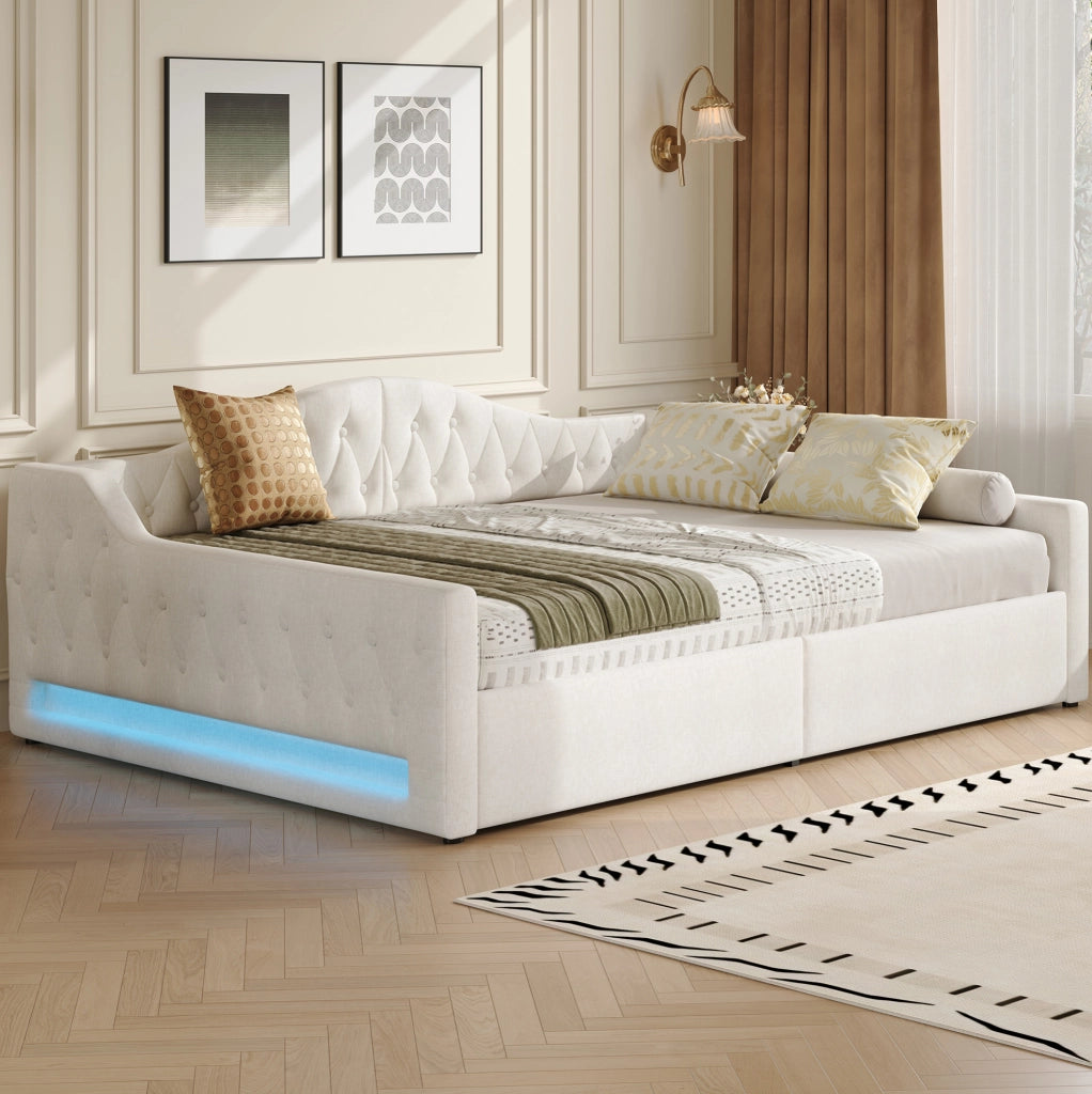 Letto 140x200 cm con LED e contenitore in MDF e compensato beige
