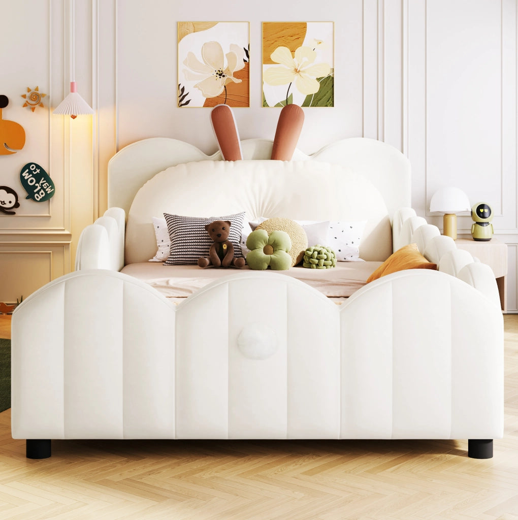 Letto a piattaforma imbottito 90x200 cm beige con testiera a forma di coniglietto e sponde protettive