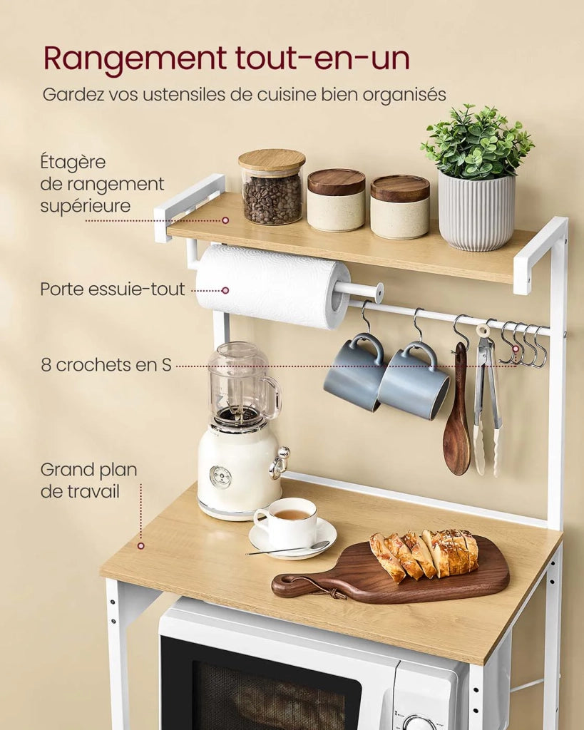 Mensola da cucina con multipresa bancone da caffè a 4 ripiani con ripiano regolabile supporto per microonde portarotolo di carta 40 x 60 x 140 cm marrone rustico e nero inchiostro 12_0005660