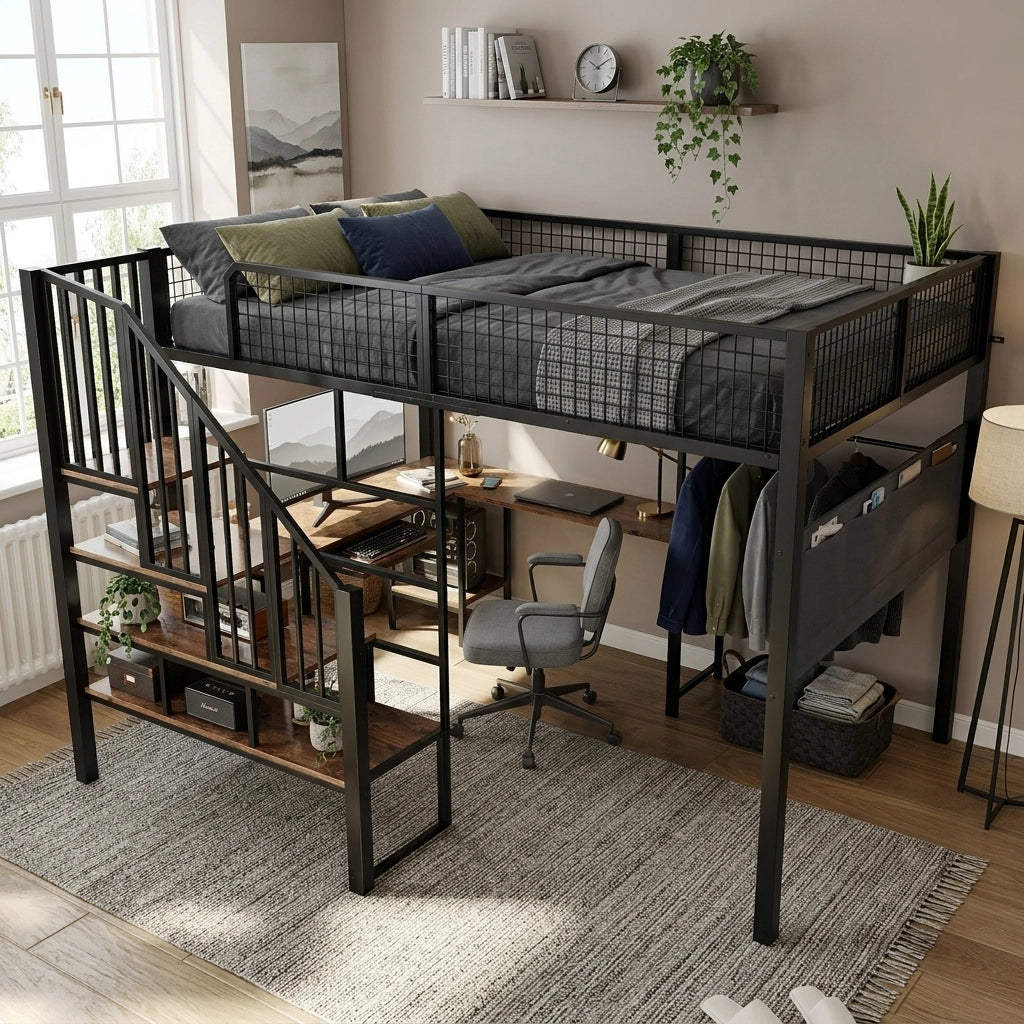 letto alto in metallo e legno nero 140 x 200 cm