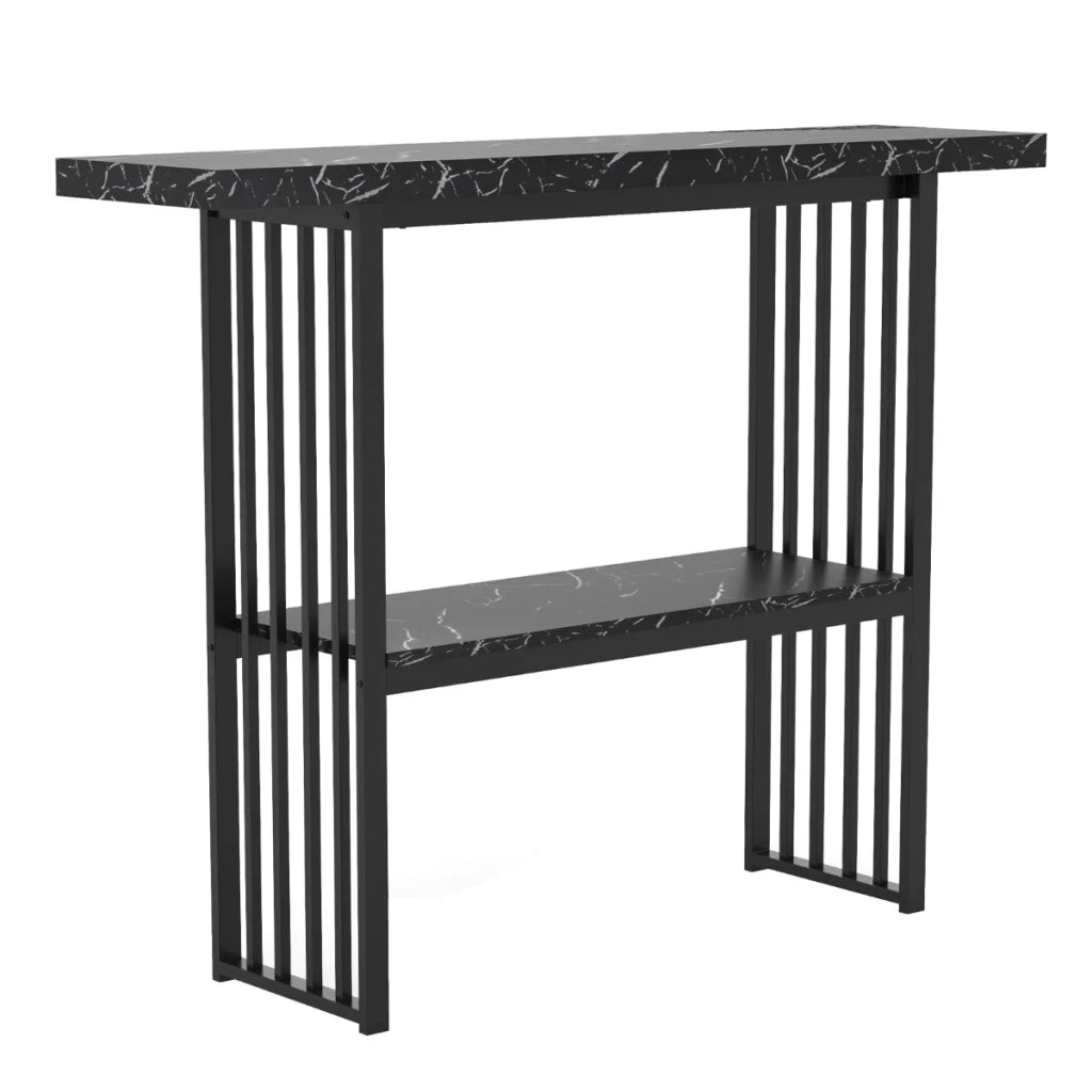 Tavolo consolle a due livelli 120 x 29,5 x 92,5 cm con elegante vano portaoggetti in finto marmo nero 20_0013832