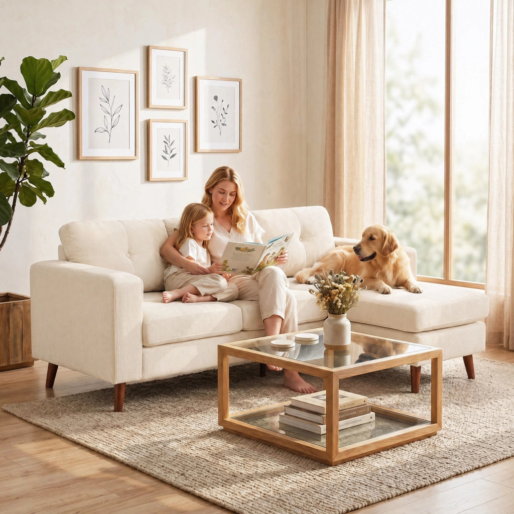 Divano Angolare 3 Posti con Chaise Longue Reversibile ¨C Zephmum ¨C Tessuto Crema 192 cm