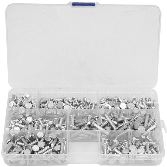 Set di Rivetti in Alluminio - 350 pezzi - Multi-formato 4/6/8/10/12/16/20mm - Testa piatta - Alluminio di alta qualità - Scatola di conservazione - Viti a clessidra