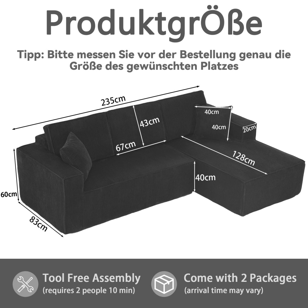 Divano angolare in velluto - Zephmum- 2 posti + chaise longue, schiuma ad alta densit¨¤, nero