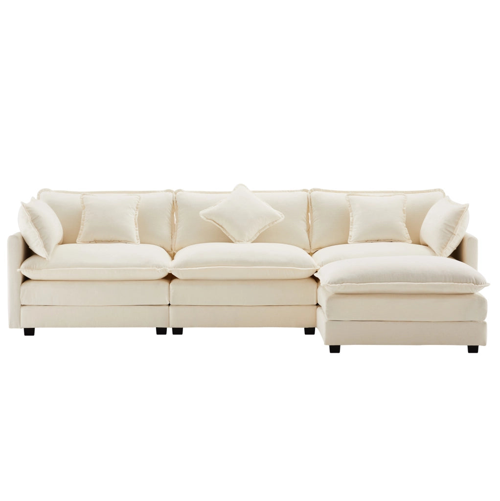 Divano 3 posti in chenille beige con pouf mobile, 283 cm