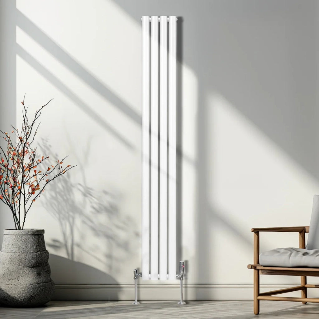 Radiatore a colonna ovale e valvole cromate TRV Designer bianco 1800mm x 240mm
