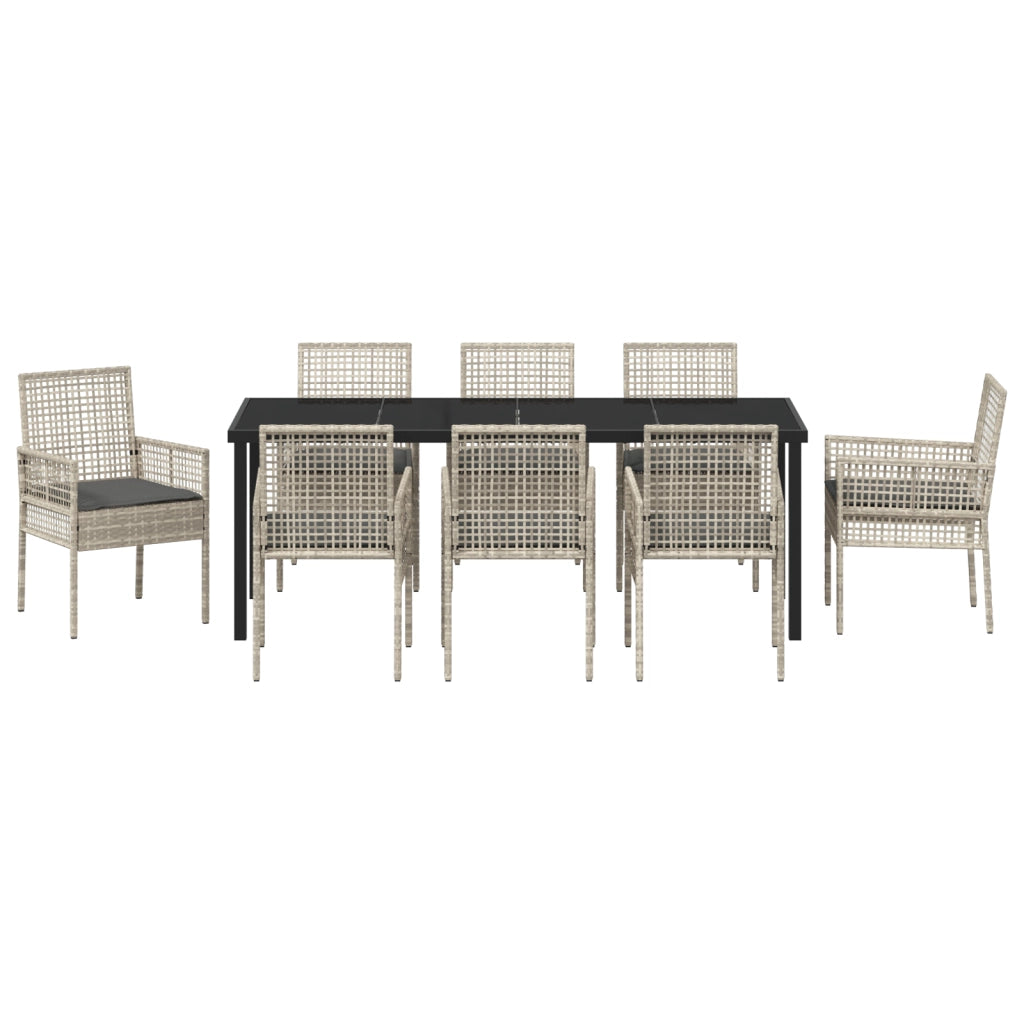 Set da Pranzo da Giardino di 9 Pezzi con Cuscini Grigio Chiaro in Rattan Polietilene
