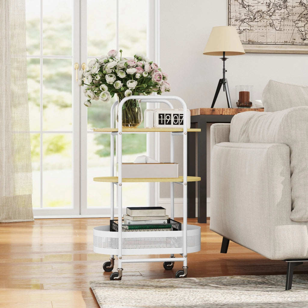 Tavolino con ruote e cestino ¨C zephmum ¨C bianco e legno naturale 49.5x32.5x82.5 cm