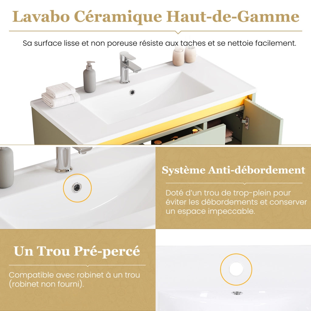 Mobile bagno sospeso 81 cm verde con lavabo in ceramica e luci LED
