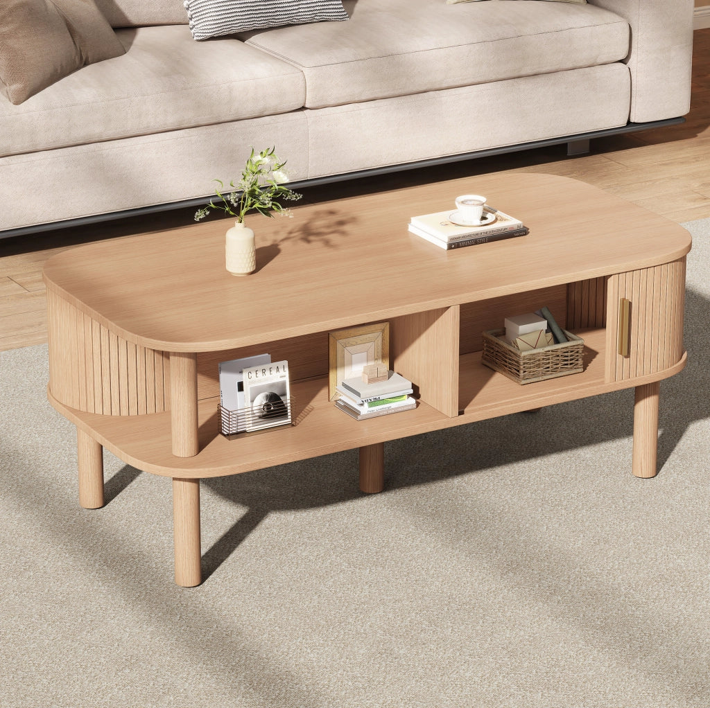 Tavolino da caffè 110x55x45 cm con porta scorrevole e vano portaoggetti in MDF naturale