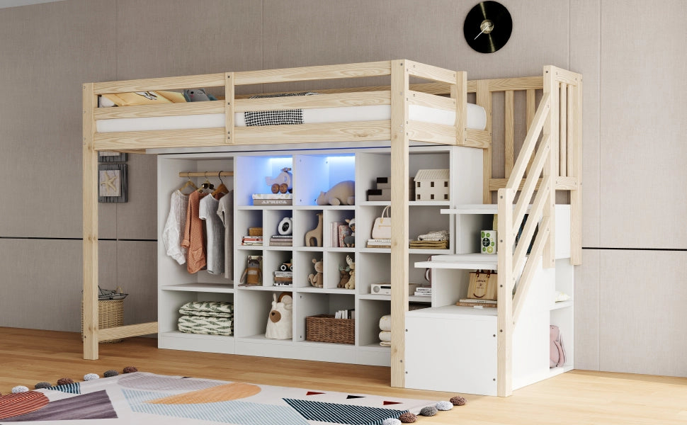 LETTO a soppalco 90x200 cm in legno naturale/bianco con scala laterale e LED