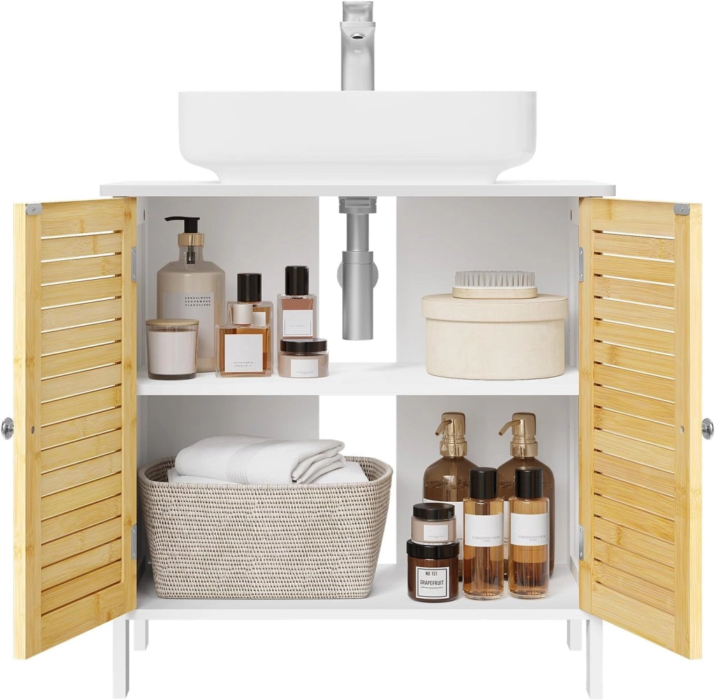 Mobile Sottolavello per Bagno, Mobiletto per Lavabo, Armadio a Pavimento con Ante e Ripiano Regolabile, Colore Bambù Naturale+Bianco, 60x30x60cm