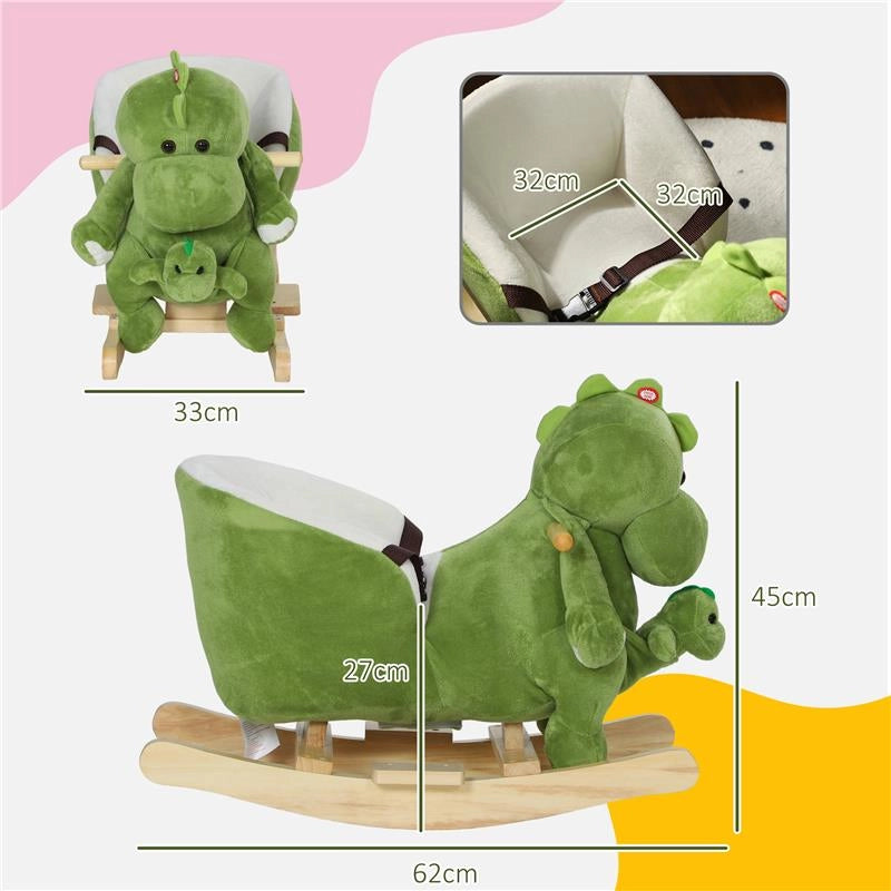 CAVALLO A DONDOLO PER BAMBINI 18-36 MESI A DINOSAURO CON SUONI E RIVESTIMENTO MORBIDO 62X33X45 CM VERDE