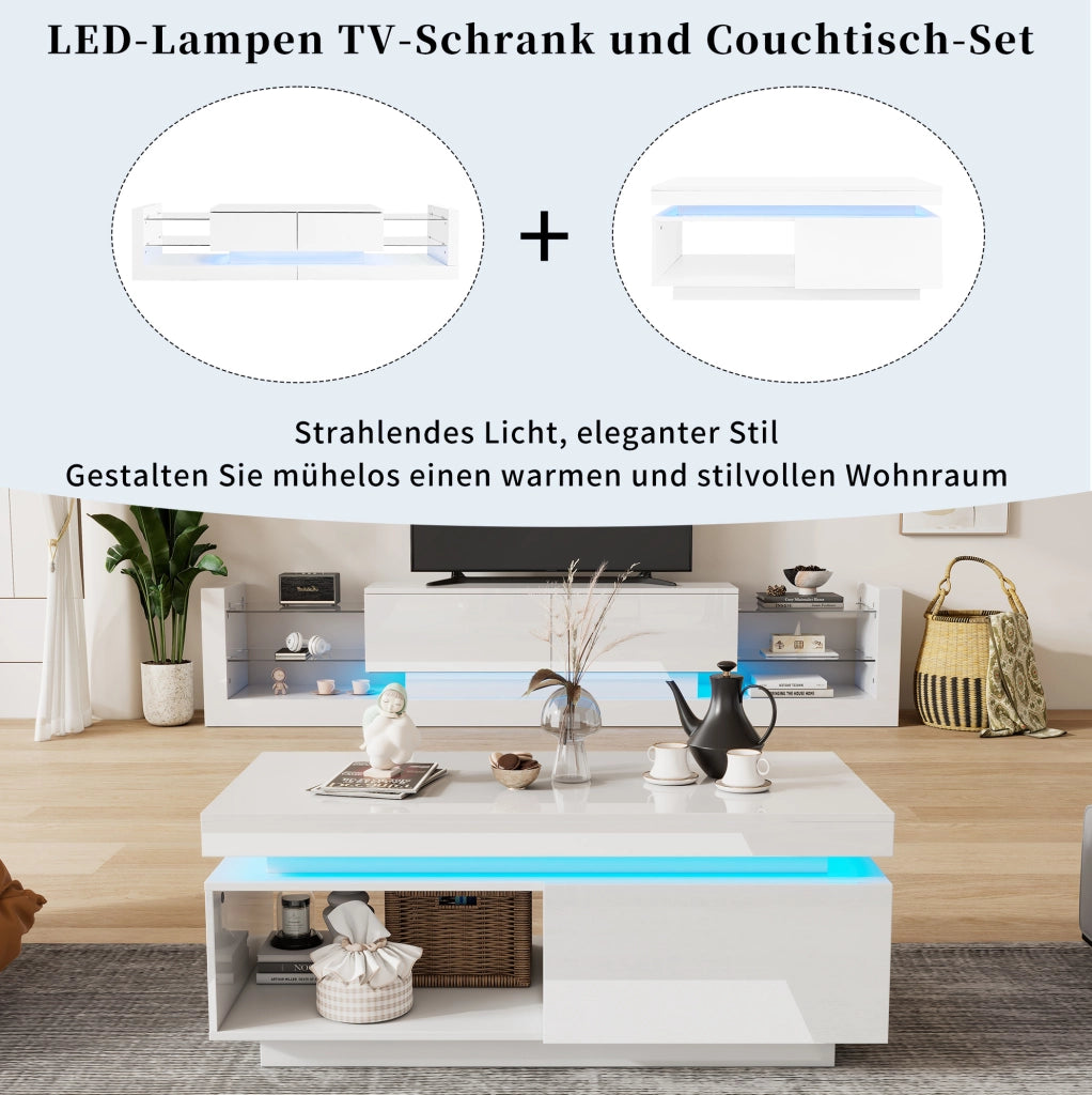 Set mobile TV lucido bianco con tavolino e illuminazione LED