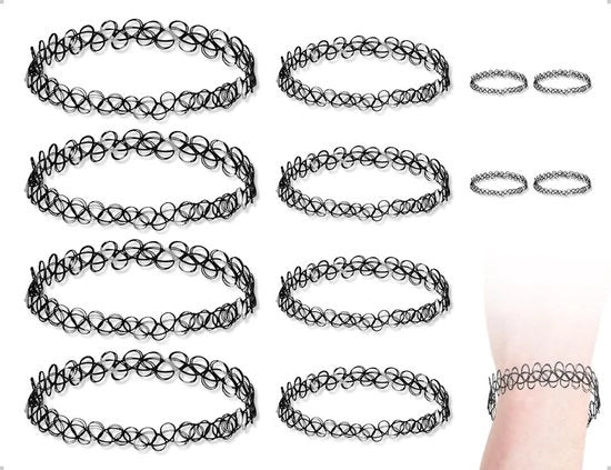 Set di collana da 4 pezzi - Choker regolabile - Accessori vintage - Bracciali/Anelli - Nero - Comodo e Sostenibile - Collana