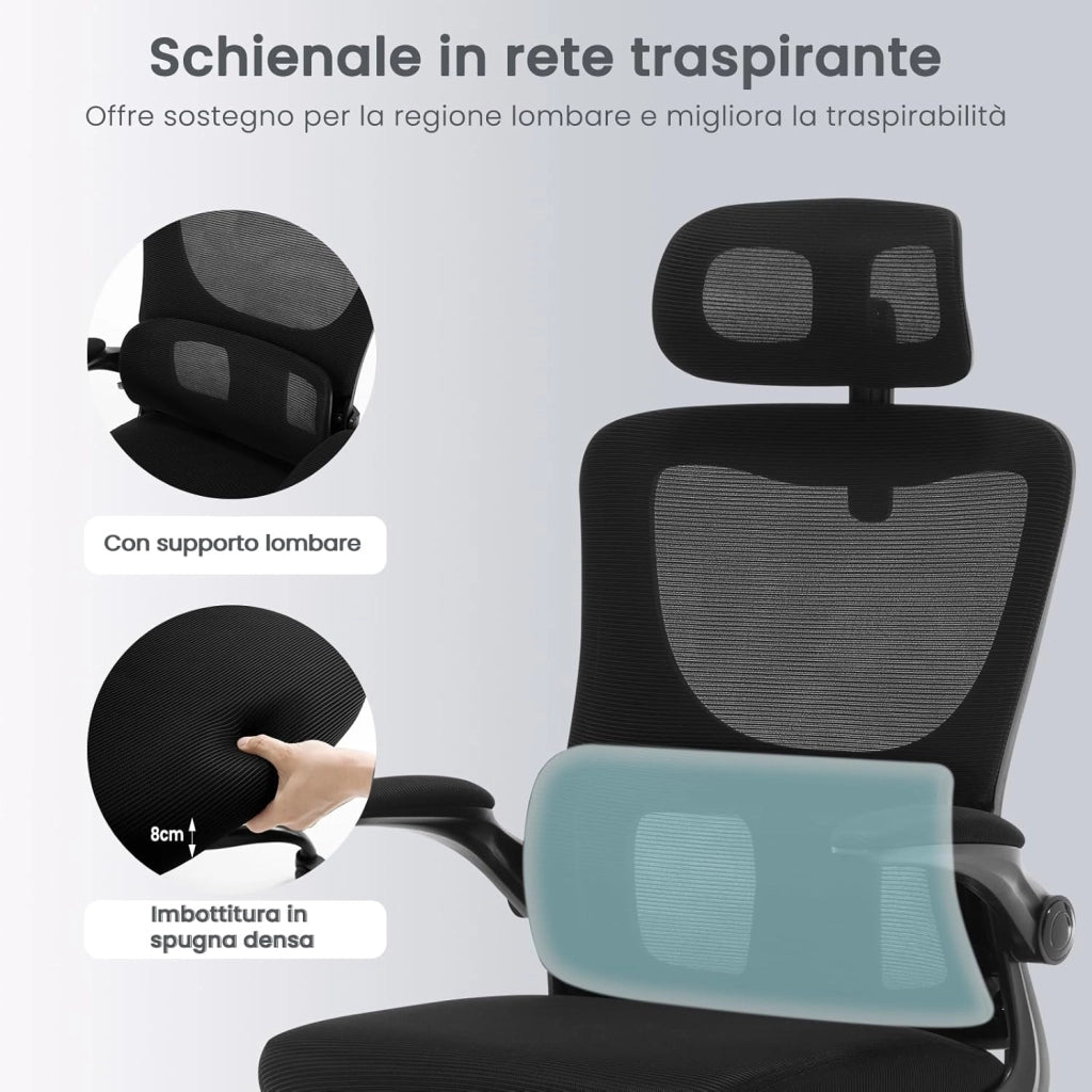 Sedia Ufficio Ergonomica, Sedie Ufficio a Rete Traspirante, Con Supporto Lombare Adattativo a Forma Di C, Poggiatesta Regolabile, Braccioli Ribaltabili, per Scrivania, Casa, Nero