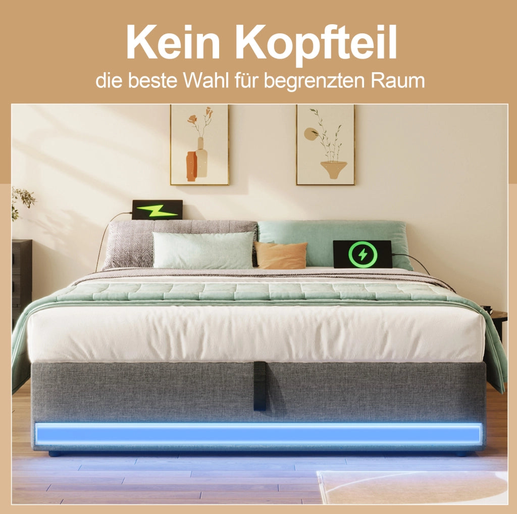 Letto imbottito 140x200 cm con LED, USB/Type-C e contenitore