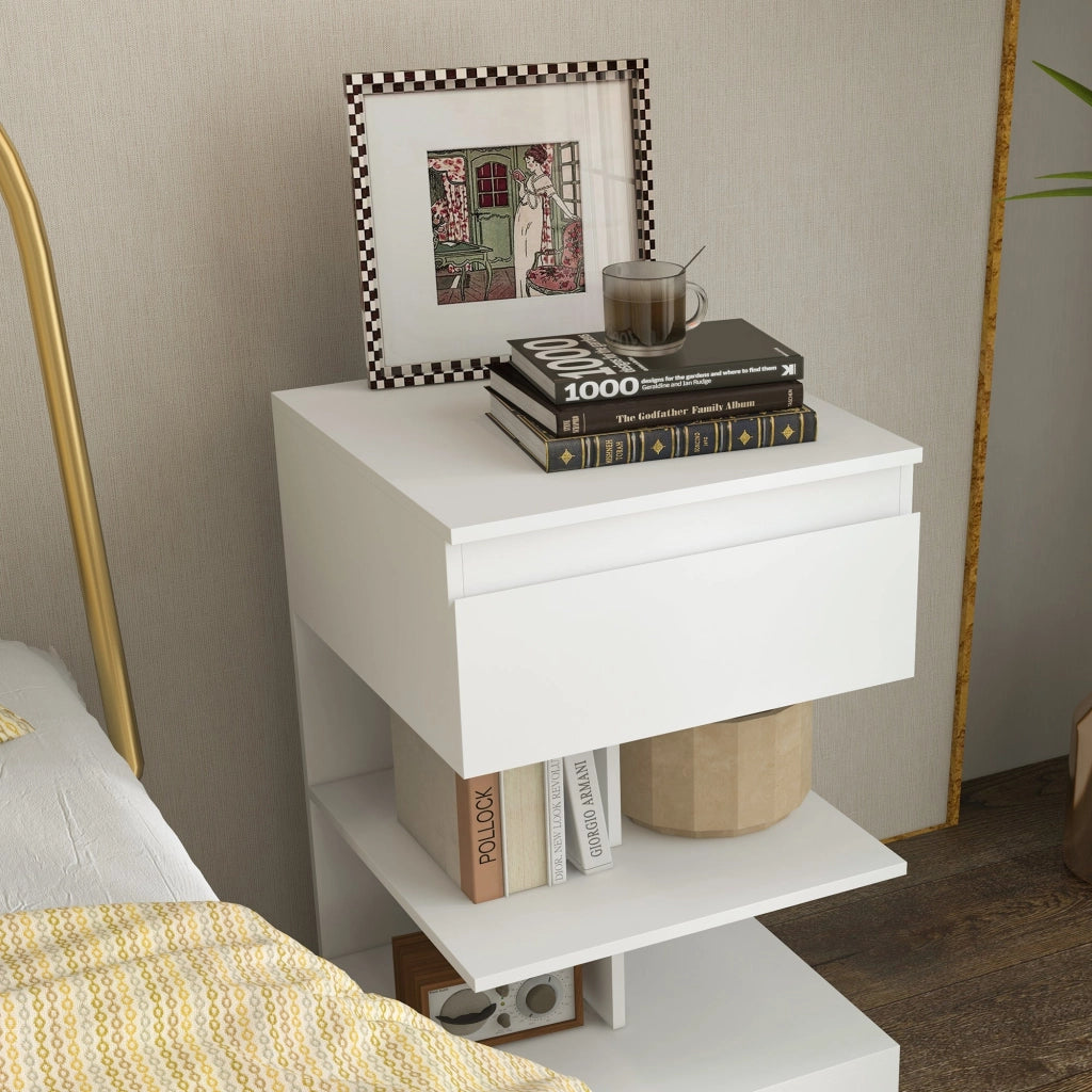 Comodino 39x39x65 cm 2 Ripiani 1 Cassetto in Truciolato Bianco