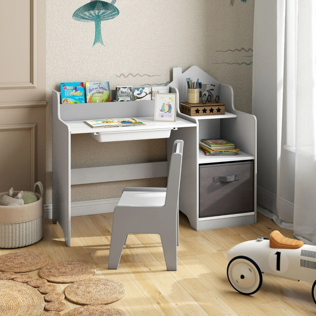Set scrivania e sedia per bambini con mensole aperte e cassetto in tessuto, Tavolo da studio per bambini Bianco e grigio-Tavoli e sedie