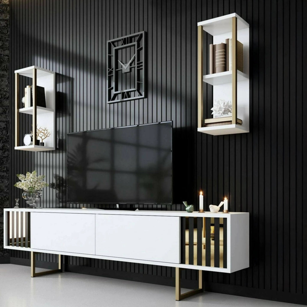 Mobile porta TV Artinay, Credenza da soggiorno, Armadio basso per TV, Base parete attrezzata, 180x30h48 cm, Bianco e Oro