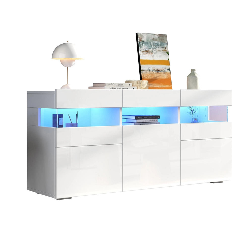 Credenza Soggiorno 140x40.5x66.5cm - Xylo - 3 Ante Lucide con LED, 7 Scomparti, Bianco