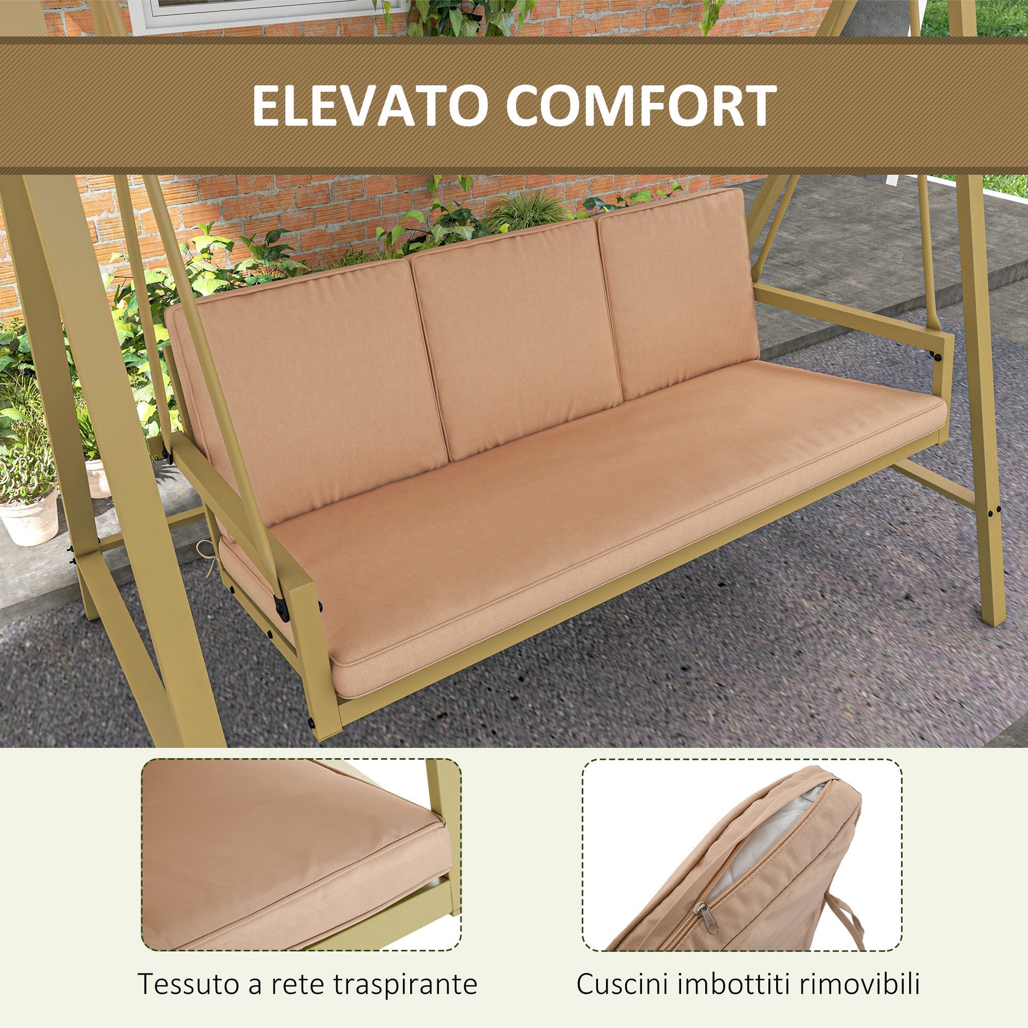 Dondolo 3 Posti con Tettuccio Inclinabile 200x125x175 cm in Acciaio e Textilene Beige e Marrone