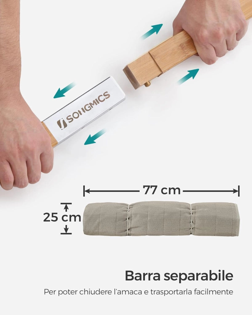SONGMICS Amaca Doppia Imbottita, Amaca da Campeggio Giardino con Barre Curve in Bambù Separabili, con Cuscino, 200 x 140 cm, Max Portata 225 kg, Crema e Beige GDC34BE