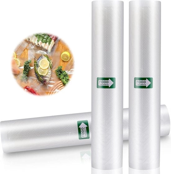 Rulli a vuoto da 3 rotoli, pellicola a vuoto, sacchetti congelati, borse a vuoto professionali, rulli di pellicola per tutti i confezionatori a vuoto, resistente al forno, resistente al microonde, robusto, resistente alle abrasioni (28 x 5 m)