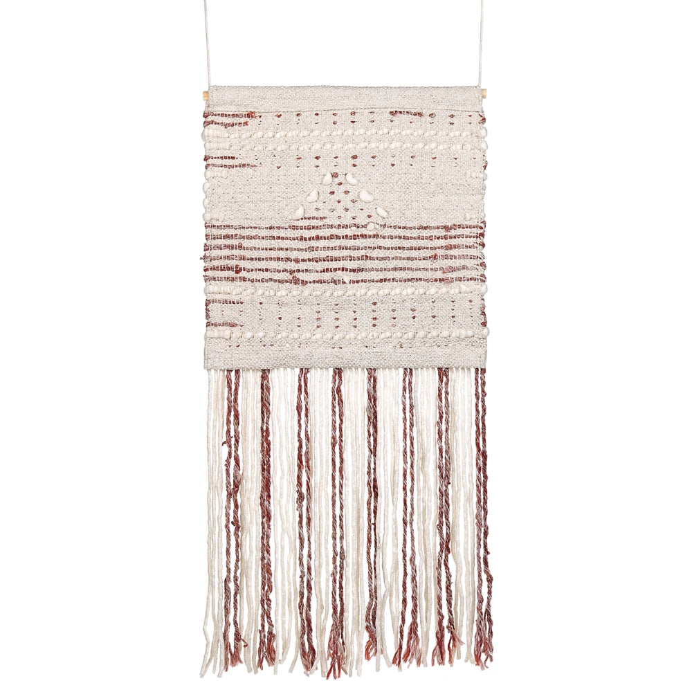 Decorazione da parete lana rossa e beige nappa fatta a mano arte da parete motivo geometrico boho per soggiorno camera da letto